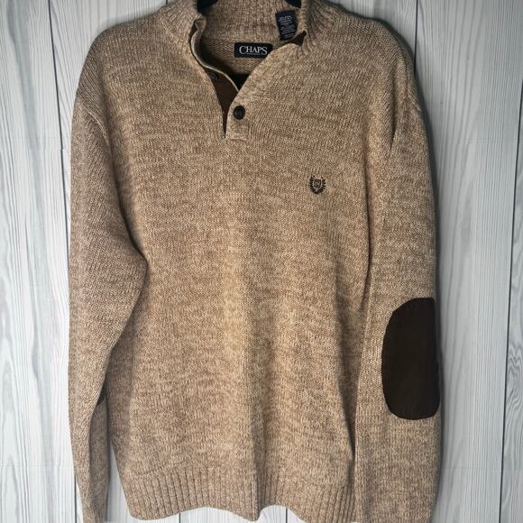 Ralph Lauren Chaps Sweater Mens Large Tan Henley Mock Neck Elbow Patch Knit - Picture 2 of 7